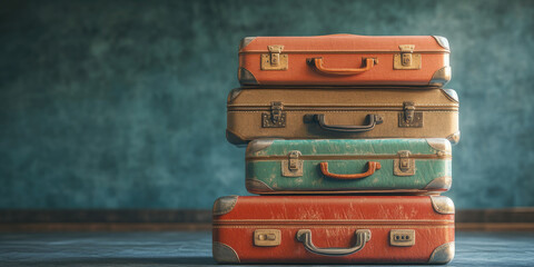 Multi-colored suitcases on a blue background. World Tourism Day. Banner. Copy space