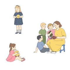 Watercolor Kindergarten teacher with children reading a book on a white background
