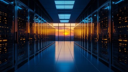 Early morning data center with rows of servers illuminated by blinking lights. Rows of servers with blinking LEDs define the atmosphere of a dawn-lit data center.