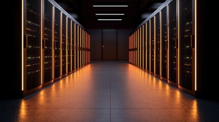 Early morning data center with rows of servers illuminated by blinking lights. Rows of servers with blinking LEDs define the atmosphere of a dawn-lit data center.