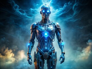 Obraz premium Futuristic metallic humanoid mechanism glowing neon blue circuits morning fog