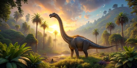 Gigantic apatosaurus 3D model roaming a serene prehistoric forest at dawn with warm soft lighting and lush green vegetation in a surreal dreamscape.