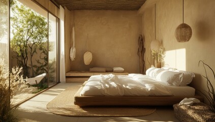 Minimalist bedroom with large bed and window.