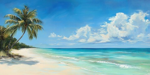 Palm tree on beach with blue sky and ocean.