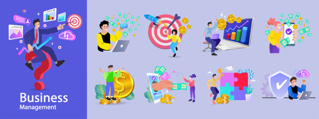 Financing business activities. Set of people in various activities of online business, startup, management, project development, communication, social media, data analysis. Business concept. vector