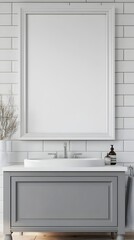 Fototapeta premium A modern and inviting powder room design featuring a white vanity,subway tile walls,and a minimalist framed mirror.