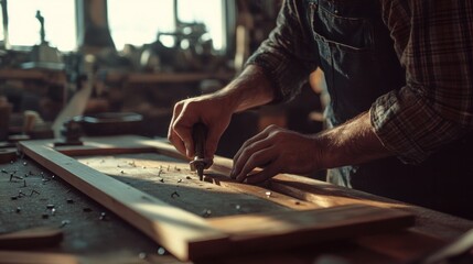 Carpenter applying varnish to a finished wooden piece, with sunlight highlighting the wood grain