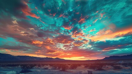Fototapeta premium A vibrant turquoise sky over a desert landscape at sunset, casting a magical glow