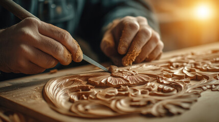 Carpenter carving intricate details into a piece of wood with a chisel in a brightly lit workshop