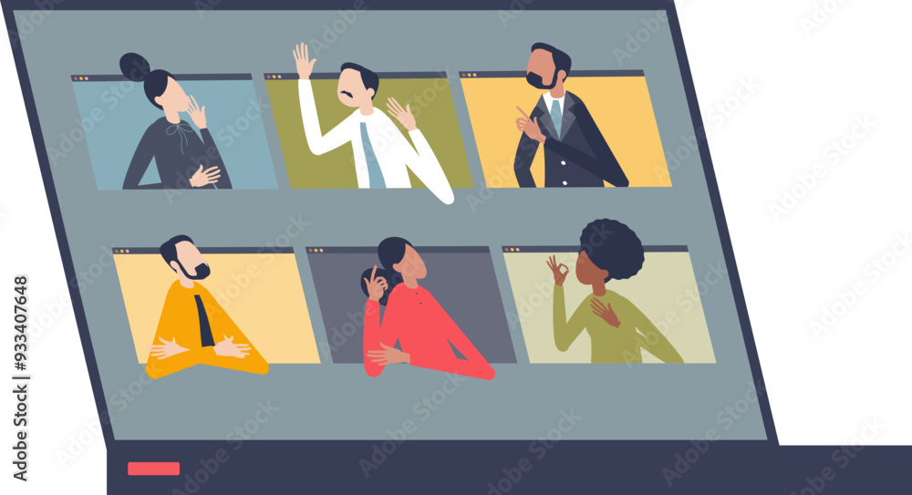 Poster laptop screen showing a virtual meeting with diverse animated characters engaging in discussion.