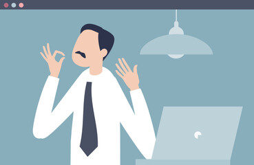 Young man in a tie gestures during a video call on his laptop in a minimalist office setting.