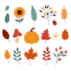 Set of vector autumn elements. Cozy autumn leaves, pumpkins, twigs, boots. A set of autumn icons.