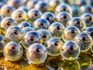 Dramatic close-up of microscopic aquatic frog eggs suspended in crystal-clear water, showcasing delicate embryos and subtle color gradations.