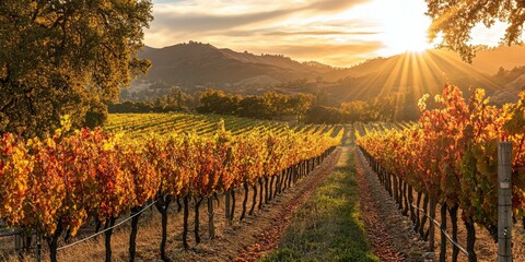 Naklejka premium Golden vineyard with sunbeams in the background.