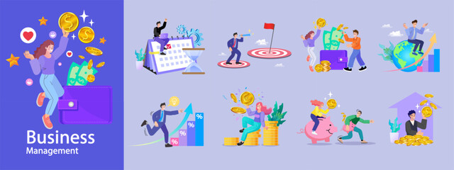 Fototapeta premium Financing business activities. Set of people in various activities of online business, startup, management, project development, communication, social media, data analysis. Business concept. vector