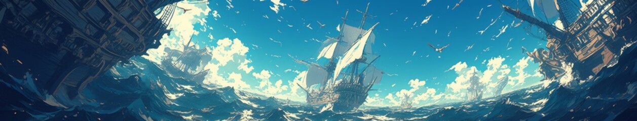 Obraz premium Enchanting anime-style art illustration of a big ancient pirate ship sailing on rough sea. Epic and adventurous maritime scene with high-definition clarity and detailed design. Perfect for fantasy and
