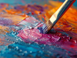 Obraz premium Close-Up of a Paintbrush Applying Blue Paint to a Canvas with Vibrant Colors