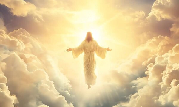 Jesus Christ resurrected and ascending to heaven, surrounded by clouds and bright light in the sky. A powerful depiction of God, heaven, and the concept of the Second Coming.