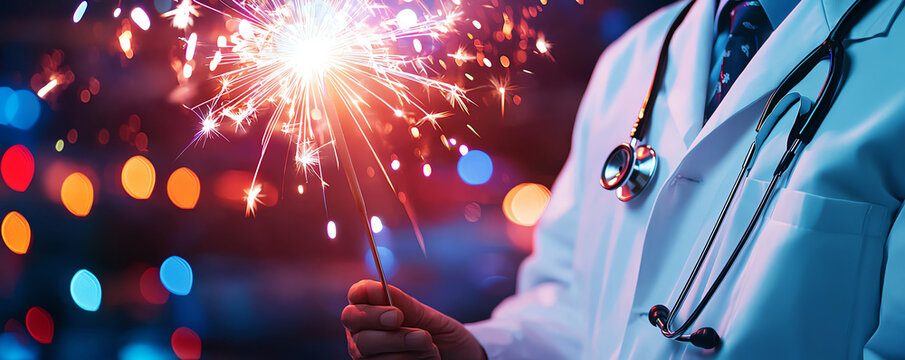 A doctor holding a sparkler, symbolizing celebration and hope in healthcare. Bright lights and festive mood in the background.