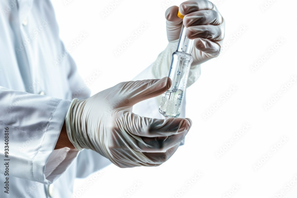 Poster a scientist holds a vial with caution, possibly containing a sample or reagent