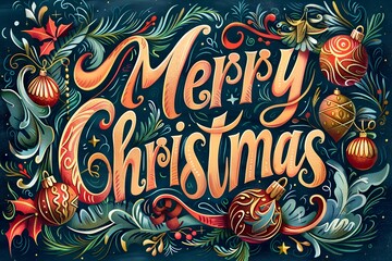 Obraz premium Merry Christmas hand drawn lettering on holiday, illustration on decorated with winter leaves, branches background. Merry Christmas script calligraphy for invitation, card, decoration design