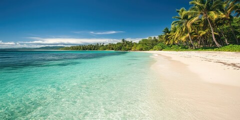 Tropical beach with clear water and palm trees.