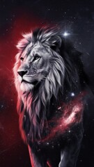 Fototapeta premium Majestic cosmic portrait of a lion with a mane made of stars and galaxies, surrounded by a dynamic red and black cosmic backdrop, symbolizing the Leo zodiac sign and cosmic strength