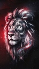 Cosmic portrait of a lion with a mane intertwined with stars and galaxies, side view, set against a deep space background with red and black tones, representing the Leo zodiac sign

