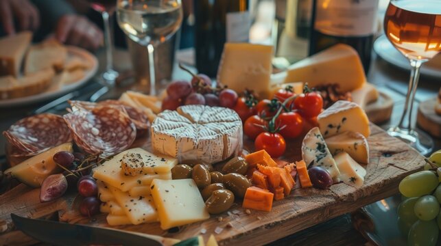 A wooden cutting board featuring a selection of cheeses and fruits, perfect for entertaining or snacking