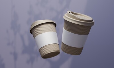 Mockup of two takeaway coffee cups with blank labels