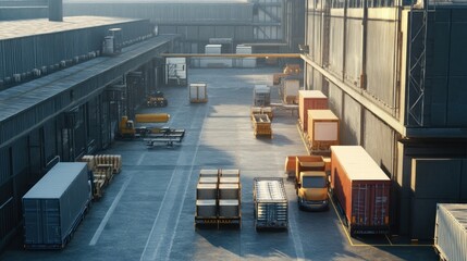 Factory exterior showing large loading docks and trucks waiting to be loaded