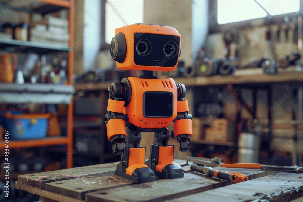 Poster A bright orange robot perched on a wooden table, perfect for use in illustrations or designs where you need a pop of color and a touch of robotics