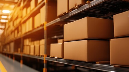 Cardboard boxes neatly stacked on metal shelves inside a large warehouse, bathed in warm lighting.
