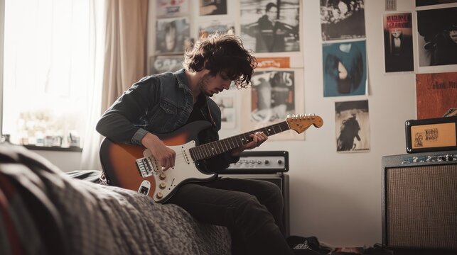 Guitarist practicing in a bedroom with a small amplifier and music posters on the walls