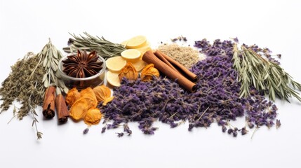 A delicate arrangement of dried herbs and spices, such as lavender, rosemary, thyme, and saffron