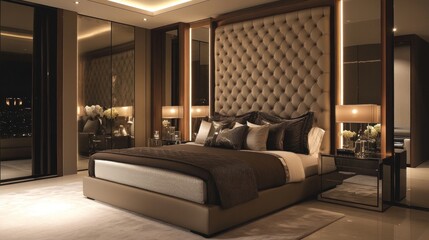 Obraz premium Luxurious bedroom with a tufted headboard, mirrored nightstands, and ambient lighting