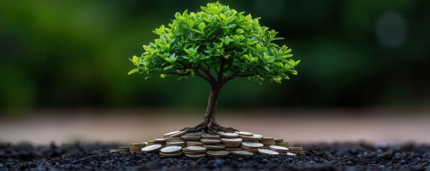 Conceptual image of a strong tree growing from coins, representing the enduring stability and growth provided by a pension fund, retirement growth, pension-driven security