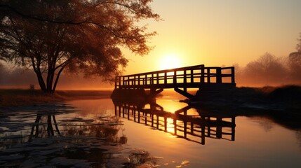 Fototapeta premium A footbridge spanning a tranquil river, with the sun rising in the distance and reflecting off the water's surface.