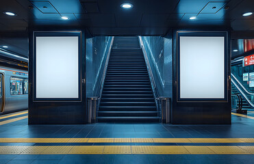 A modern subway station featuring two large vertical poster mockups on either side of a central staircase. 