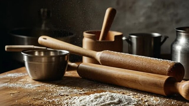 Delightful video of baking tools 'Rolling Pin', with close-ups of dough being rolled. Perfect for baking tutorials, food blogs, and kitchenware promotions