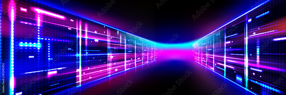 Poster abstract data center room with bright neon blue and pink light glowing server blocks. realistic 3d v
