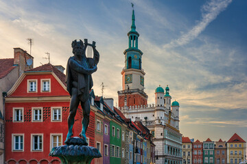 Amazing architecture of the Old Market Square in Poznan at sunset. Poland