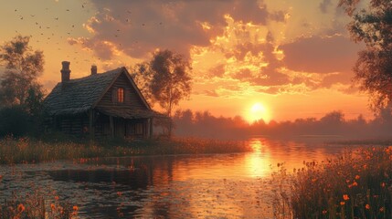 Fototapeta premium A serene sunset over a tranquil river with a rustic cottage.