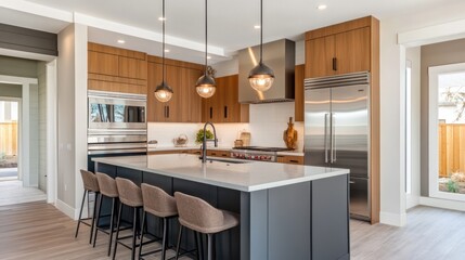 Modern kitchen with sleek appliances, an island with barstools, and pendant lighting
