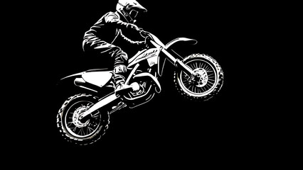 Abstract silhouette of a motocross rider, man is doing a trick, isolated on black background. Enduro motorbike sport transport. Vector illustration