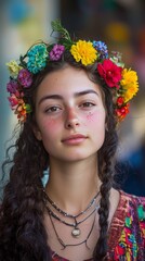 Fototapeta premium A vibrant portrait of a young woman with colorful flowers woven into her hair, set against a blurred urban background