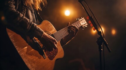 Obraz premium Musician playing an acoustic guitar on stage with warm lighting and a microphone nearby