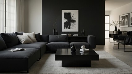 minimalist modern living room with black accents