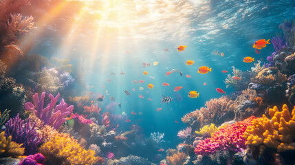 Obraz premium The vibrant coral reefs and tropical fish of the Great Barrier Reef, Australia, with the sun filtering through the water - Generative AI