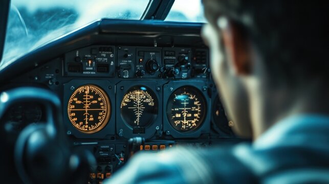 Pilot checking the instrument panel before takeoff, focused on the altimeter and other gauges